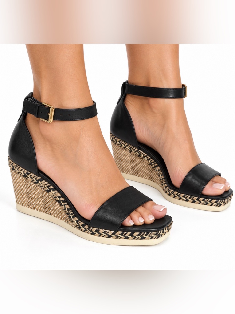 Vince Camuto NWOT Jefannah Leather Jute Wedge Platform Sandals Black Size 8.5